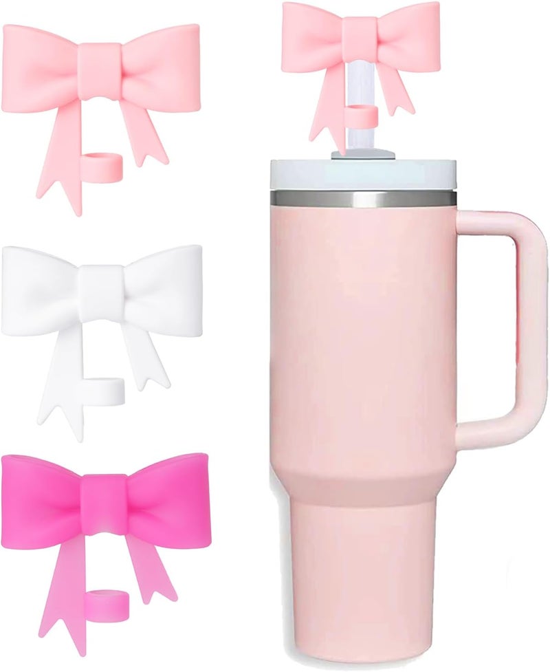 HIUSITY Pink Bow Straw Cover Topper for Stanley Cup,Silicone White Straws Toppers for Tumbler with Handle 40oz,Cute 10mm/0.4in Covers Cap,Reusable Lids for Stanleys Cups Accessories, 3Pcs - Image 1